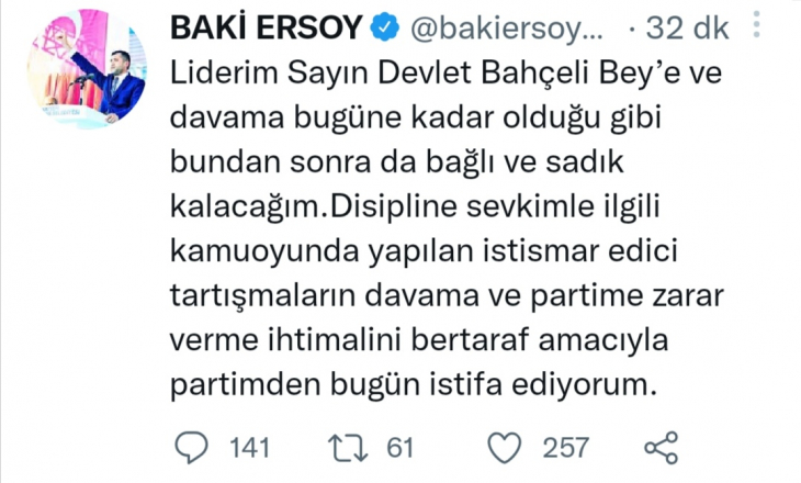 MHP Milletvekili Baki Ersoy partisinden istifa etti