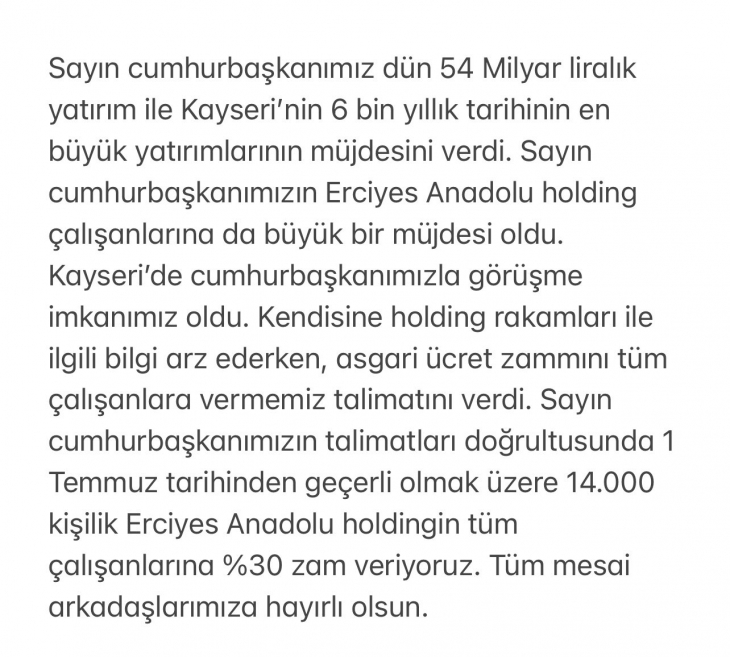 'Cumhurbaşkanımız talimat verdi' diyen Erciyes Anadolu Holding CEO'su Ertekin: Yüzde 30 zam yapıyoruz!